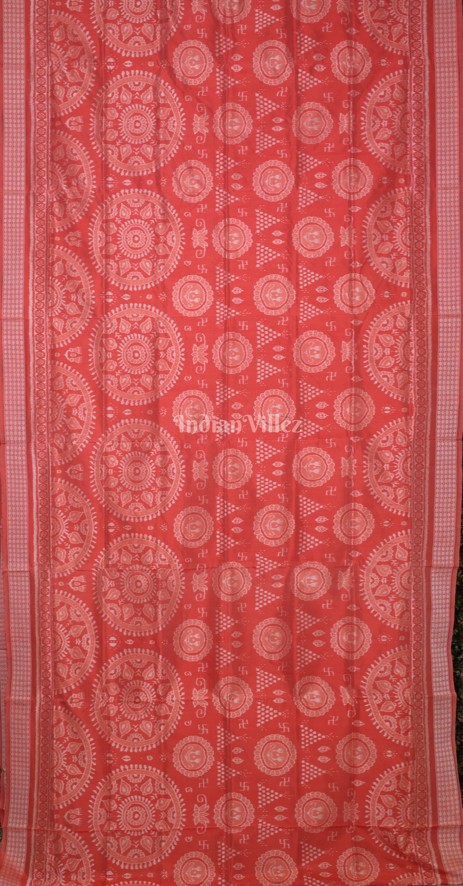 Red Laxmi Feet Jhoti Theme Ikat Sambalpuri Silk Saree with Peacock Anchal