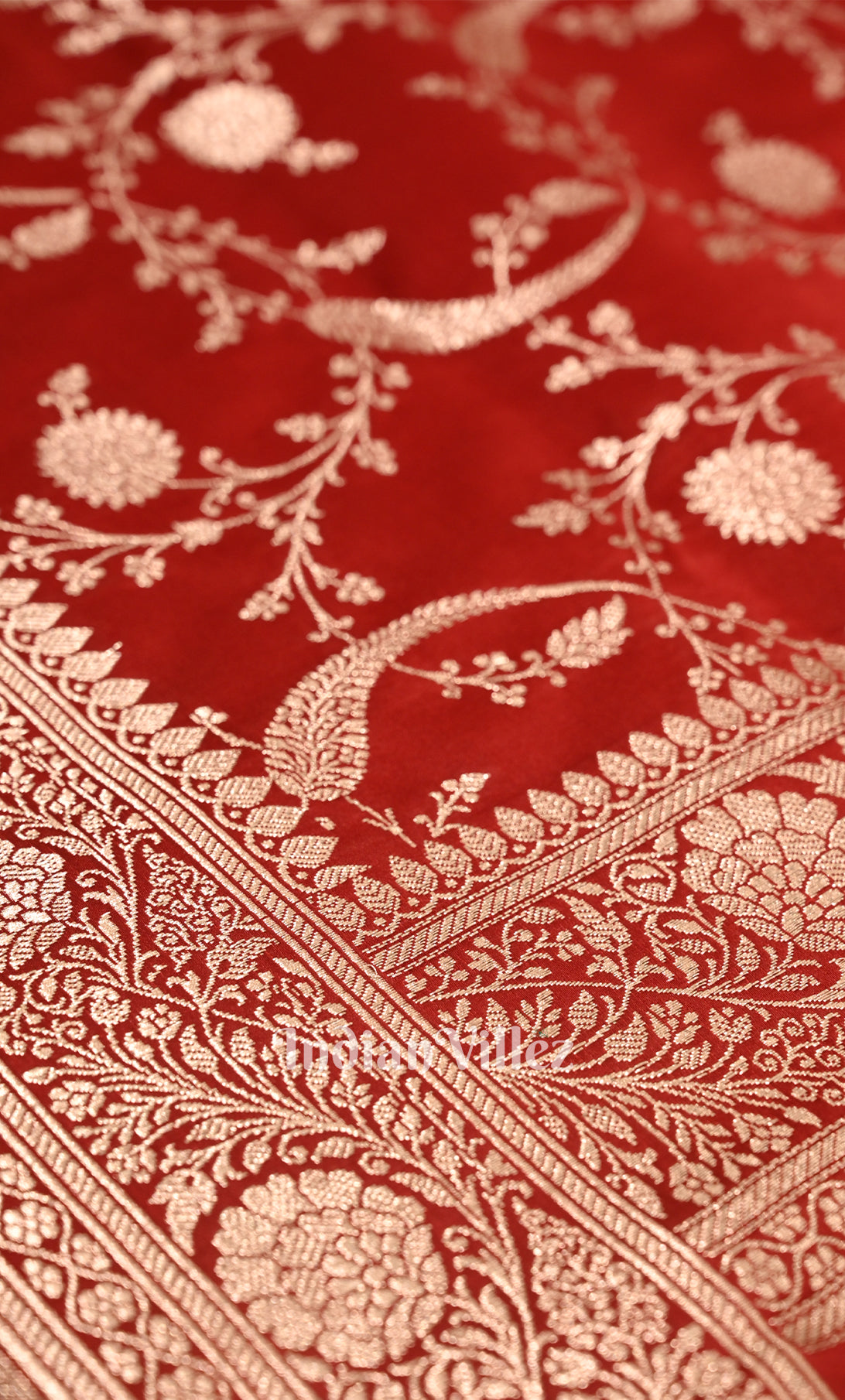Bright Red Mashru Satin Silk Banarasi Saree With Jaal Pattern