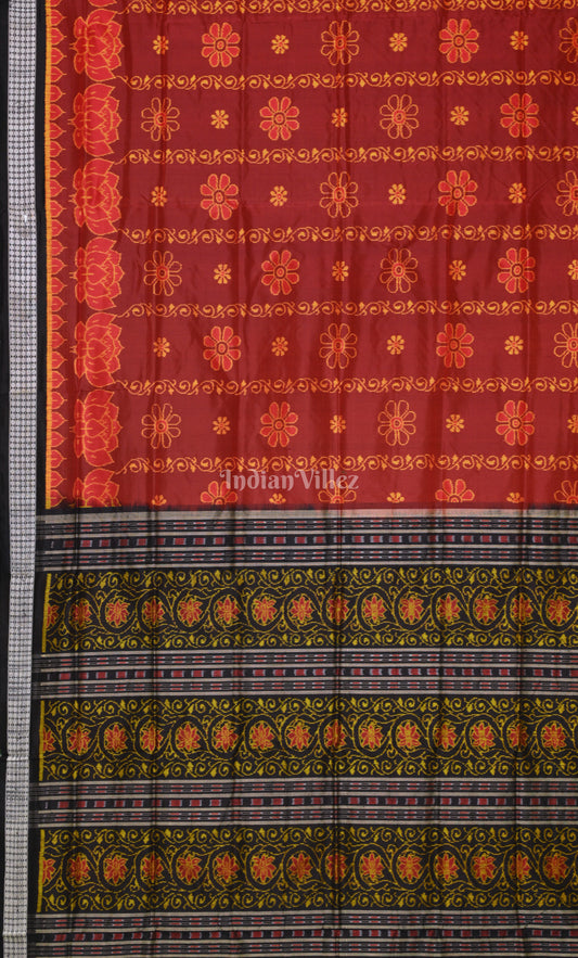 Maroon Red Black Lotus Motif Odisha Ikat Sambalpuri Silk Saree 