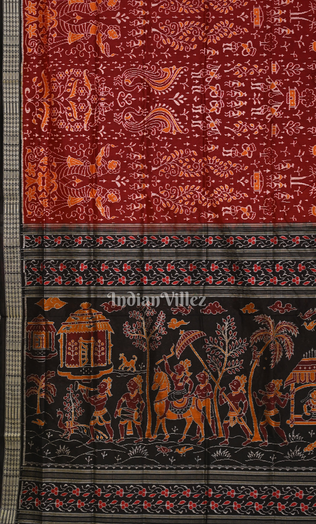 Maroon Black Tribal Diwali Theme Sambalpuri Silk Saree with Doli Barat Anchal  