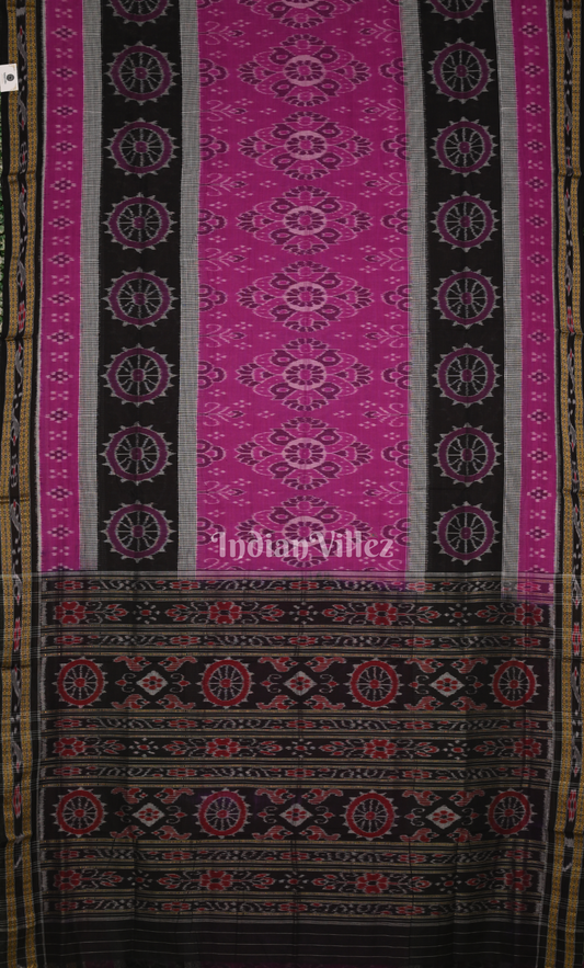 Rani Pink Black Odisha Ikat Sambalpuri Cotton Saree