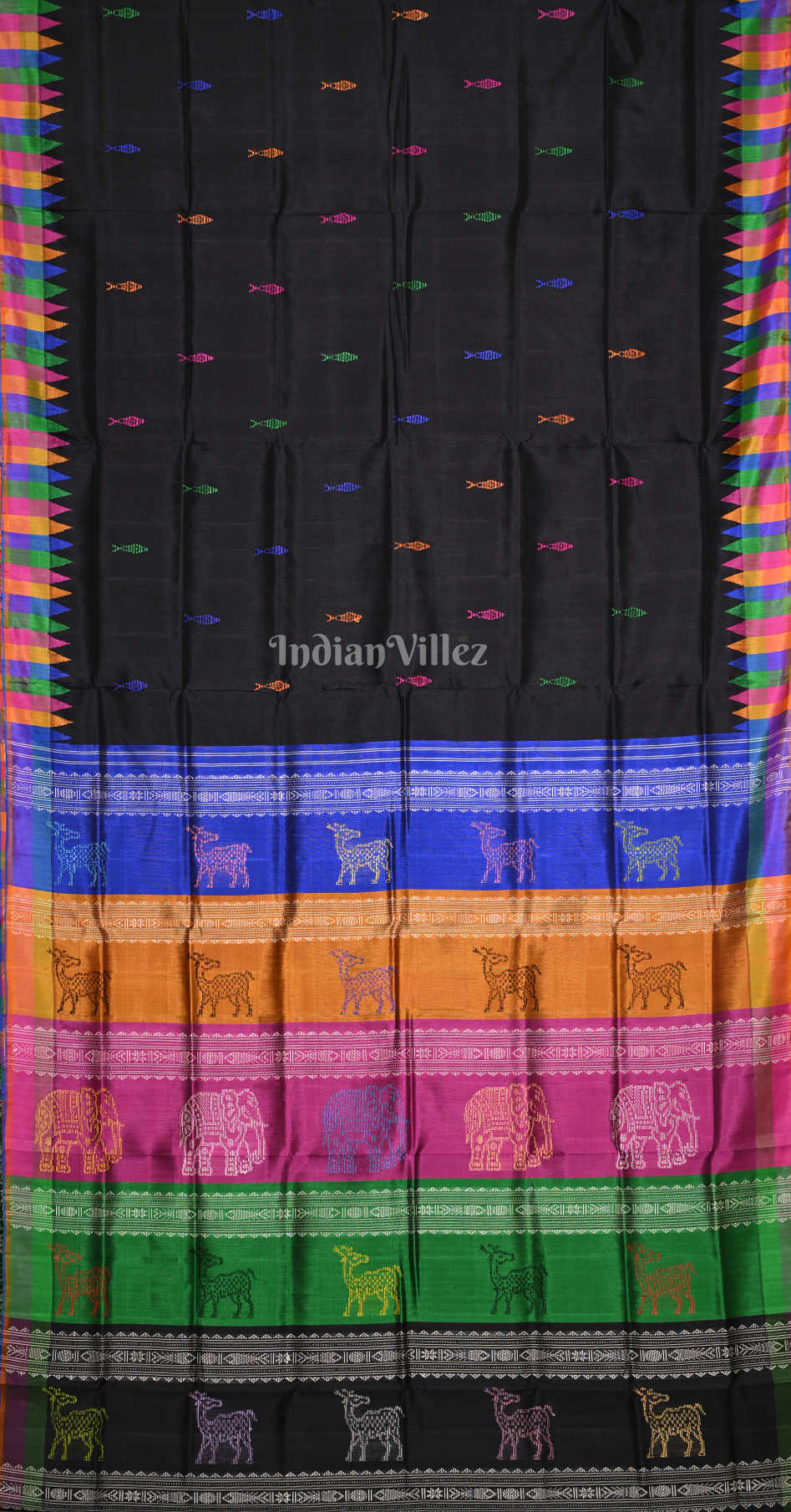 Black with Multi Colour Fish Motif Double Pallu Berhampuri Silk Saree