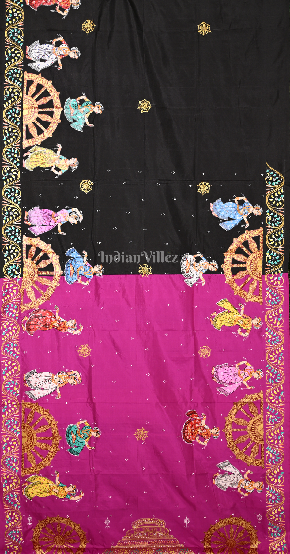 Rani Pink Black Nartaki Konark Temple Hand-Painted Pattachitra Saree 