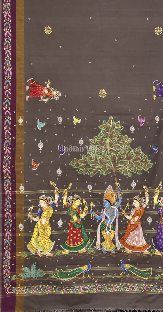 Grey Dandiya Raas Theme Hand-Painted Pattachitra Saree 
