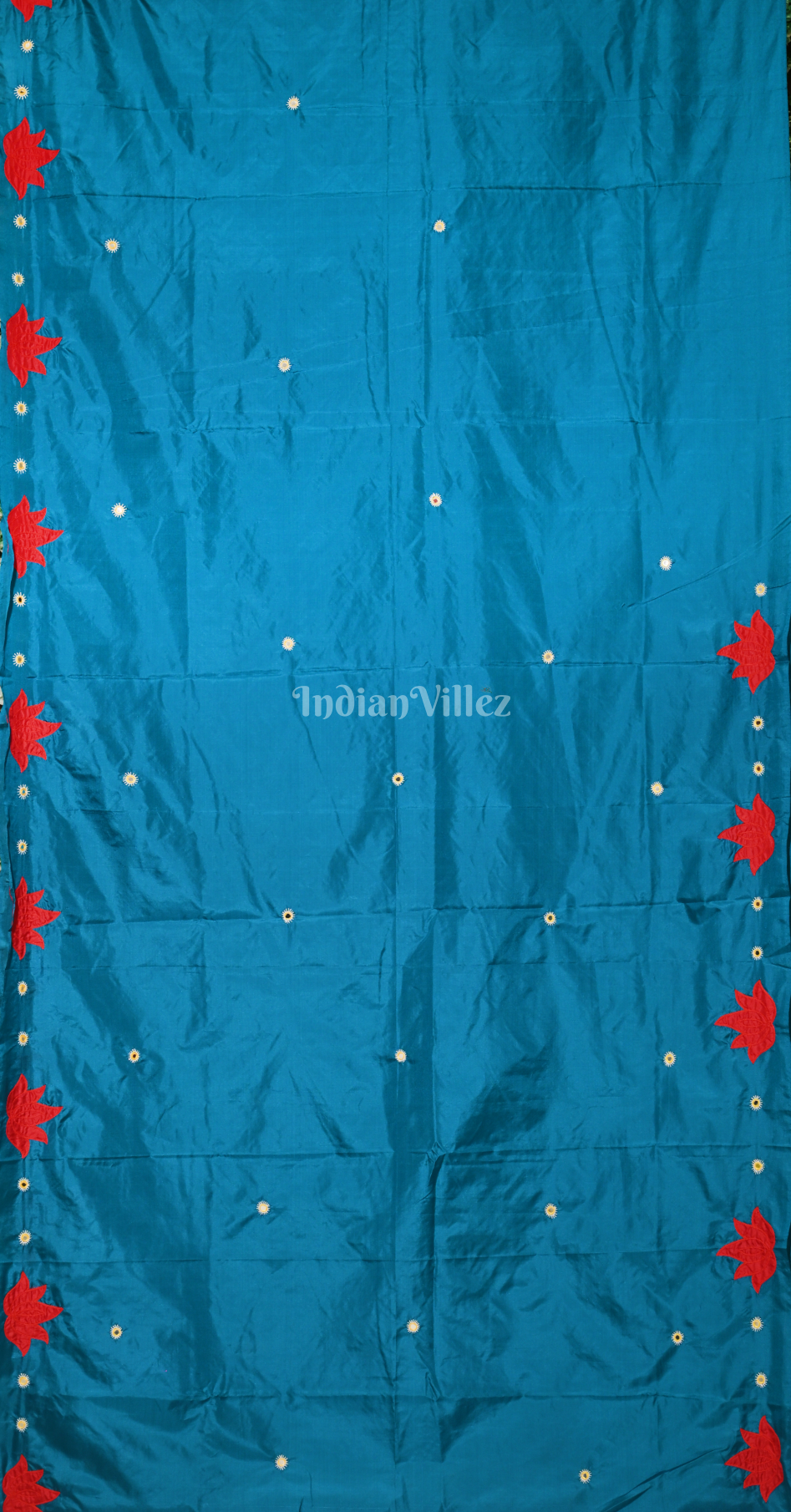 Blue Red Hand Embroidered Applique Work Saree