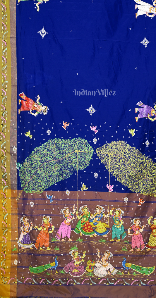 Blue Brown Raja Doli Theme Hand-Painted Pattachitra Saree