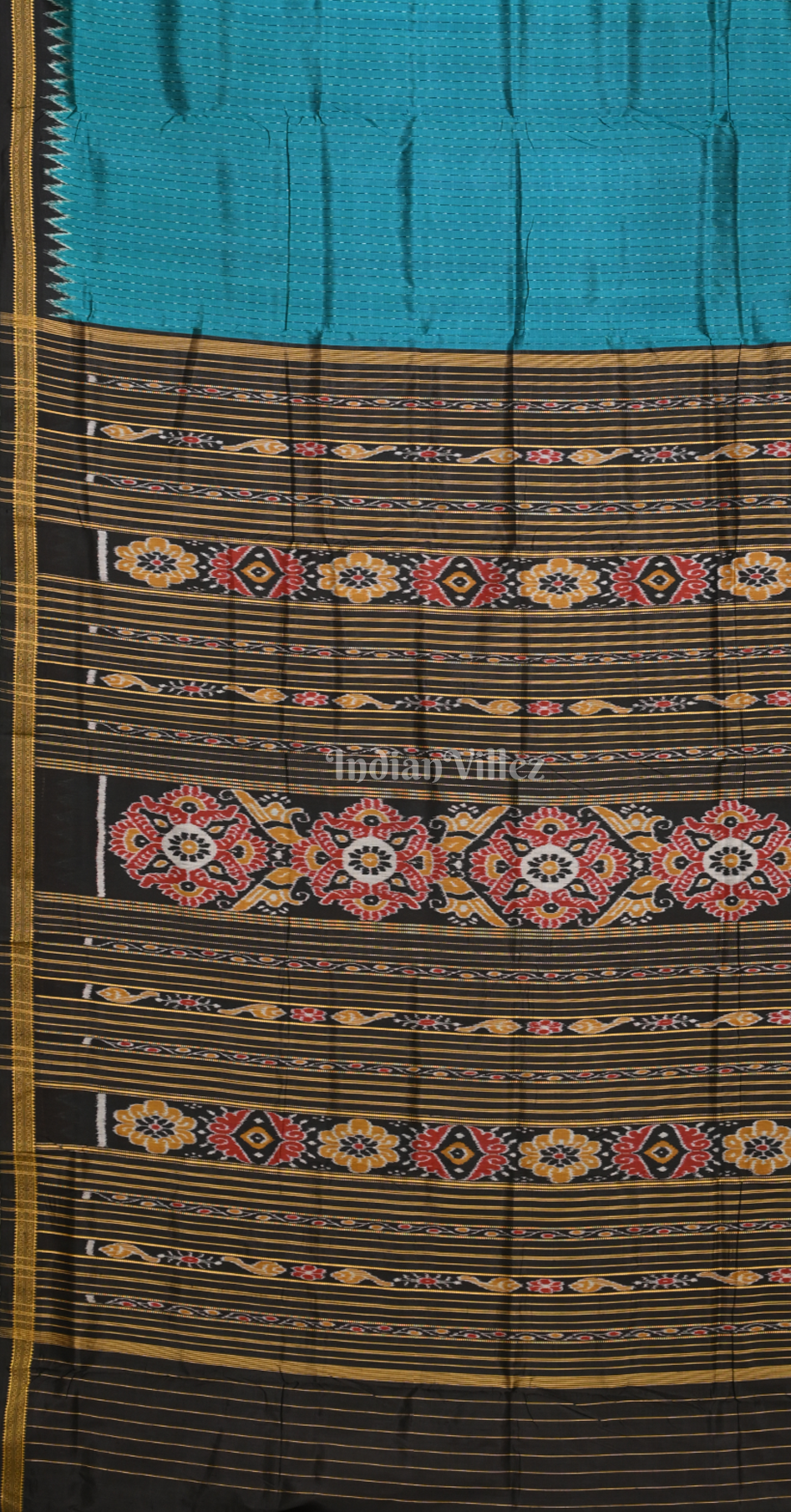 Cyan Blue Black Stripped Odisha Ikat Khandua Silk Saree