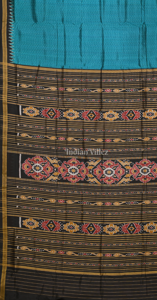 Cyan Blue Black Stripped Odisha Ikat Khandua Silk Saree