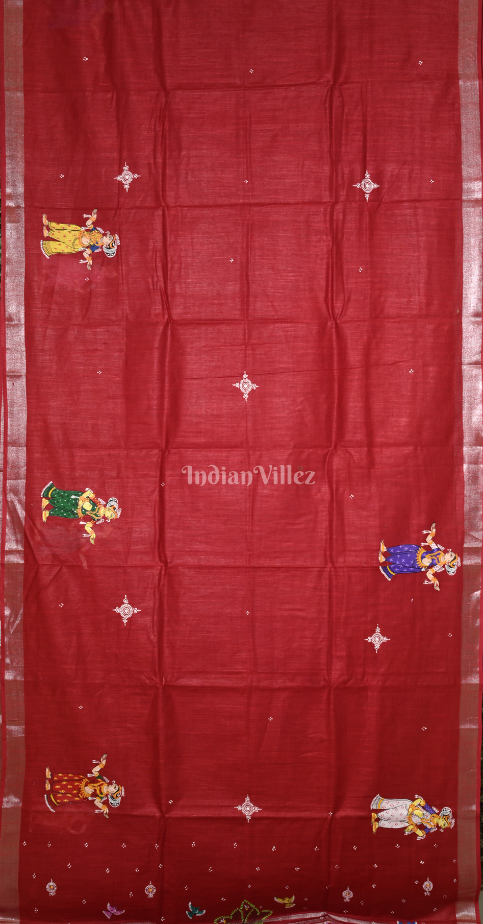 Maroon Krishna Raas Leela Hand-Painted Pattachitra Saree (Linen)