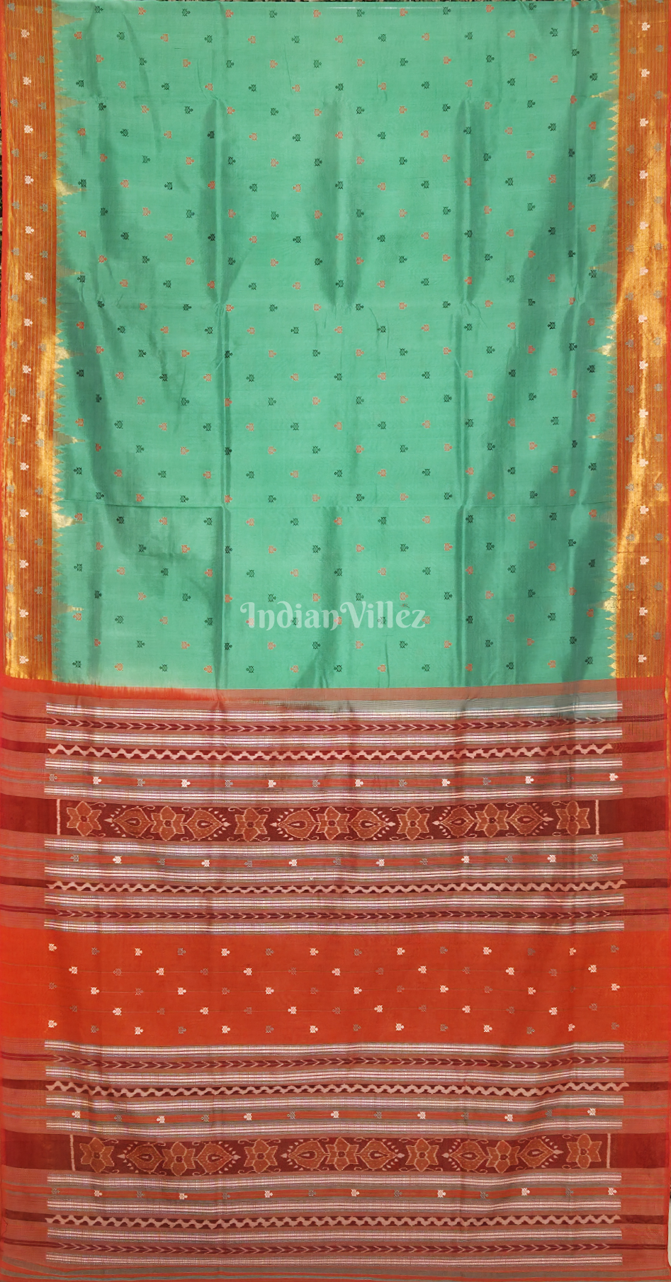 Sea Green Red Turtle Motif Odisha Ikat Bomkai Sambalpuri Silk Saree 