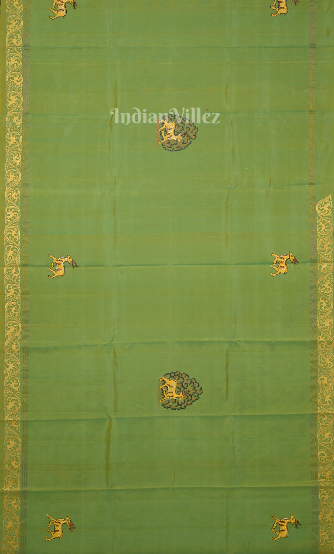 Green Coffee Ramayan Theme Hand-Painted Pattachitra Saree 
