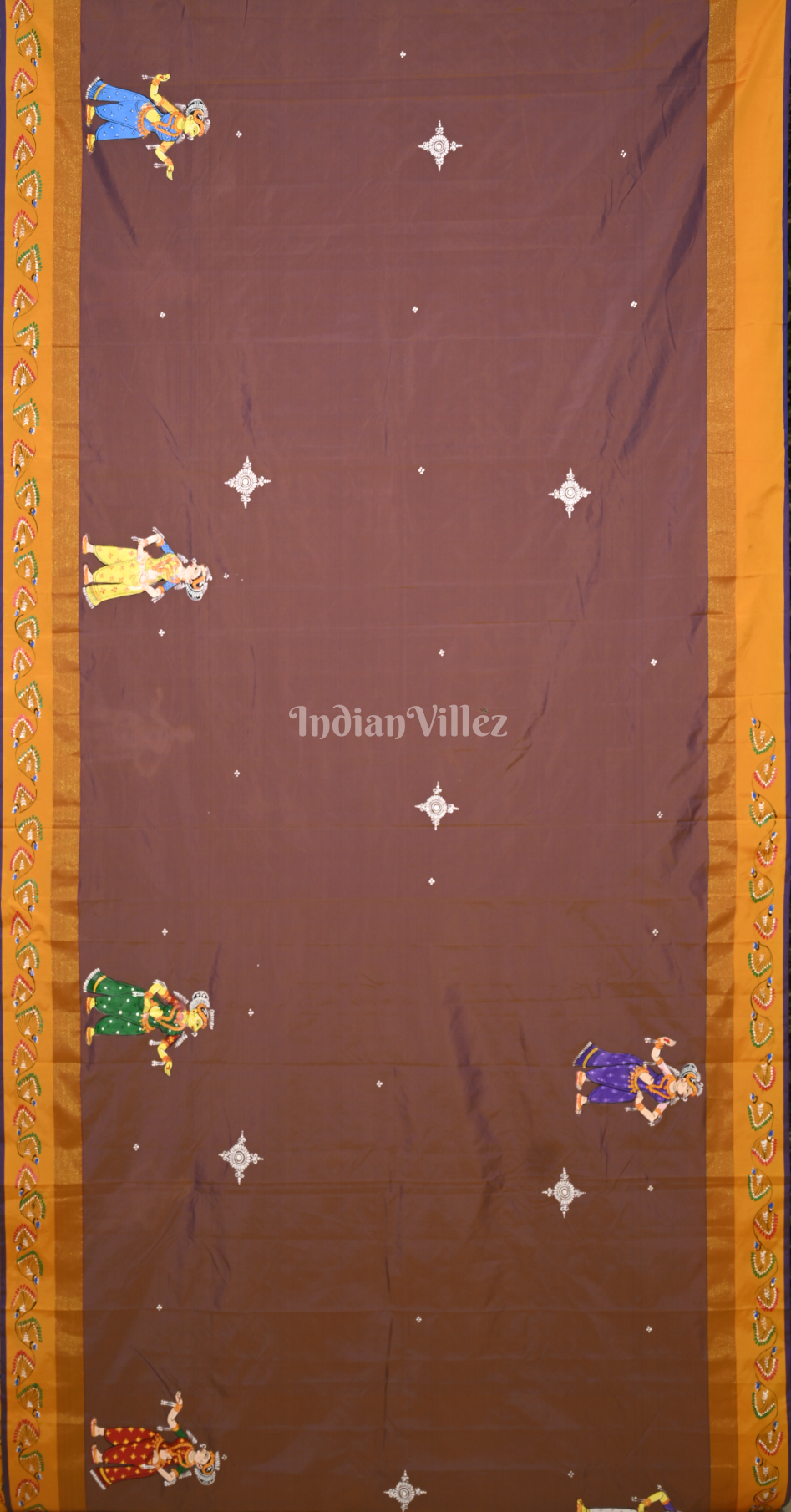 Brown Krishna Radha Doli Theme Hand-Painted Pattachitra Saree 