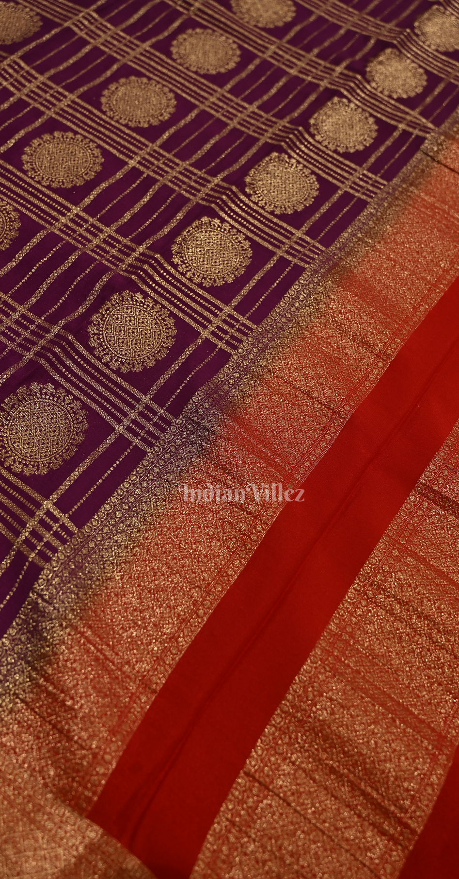 Purple Red Checks Pure Brocade Kanjivaram Silk Saree