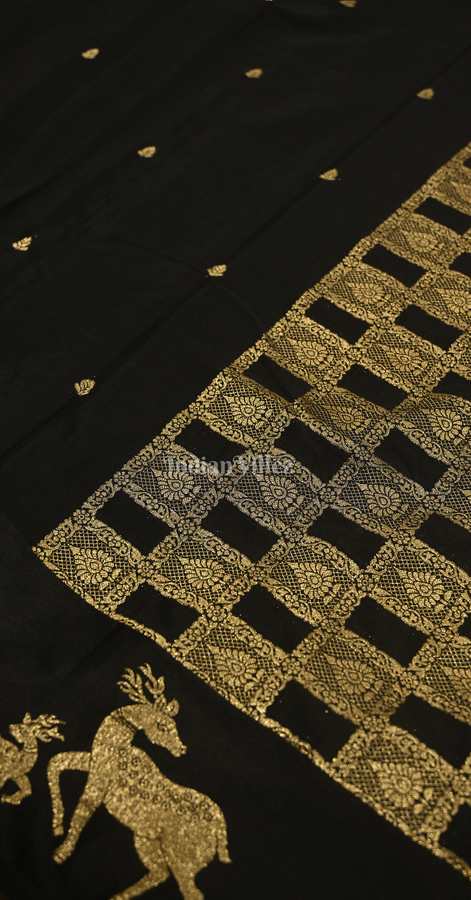 Black Deer Border Pure Satin Crepe Silk Banarasi Saree
