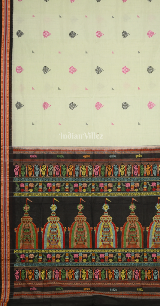 Pista Green Black Shree Mandir Theme Odisha Ikat Bomkai Cotton Saree