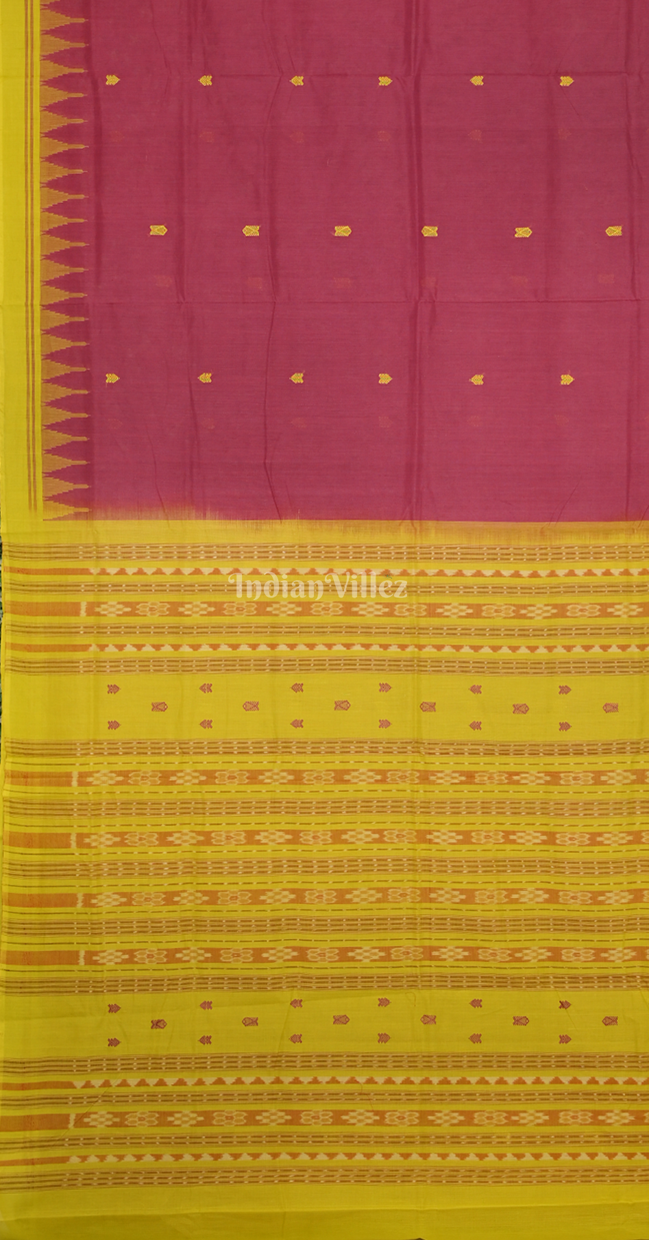 Maroon Yellow Fish Motif Odisha Ikat Bomkai Cotton Saree
