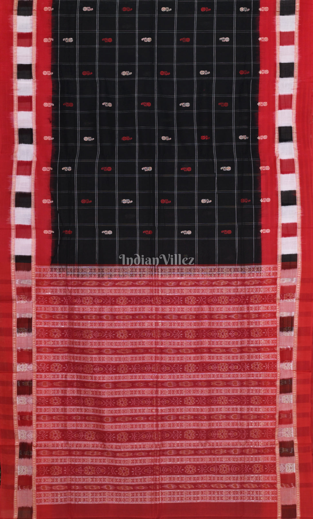 Black Red Fish Motif Odisha Ikat  Bomkai Cotton Saree