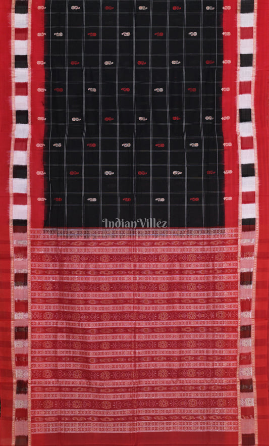 Black Red Fish Motif Odisha Ikat  Bomkai Cotton Saree