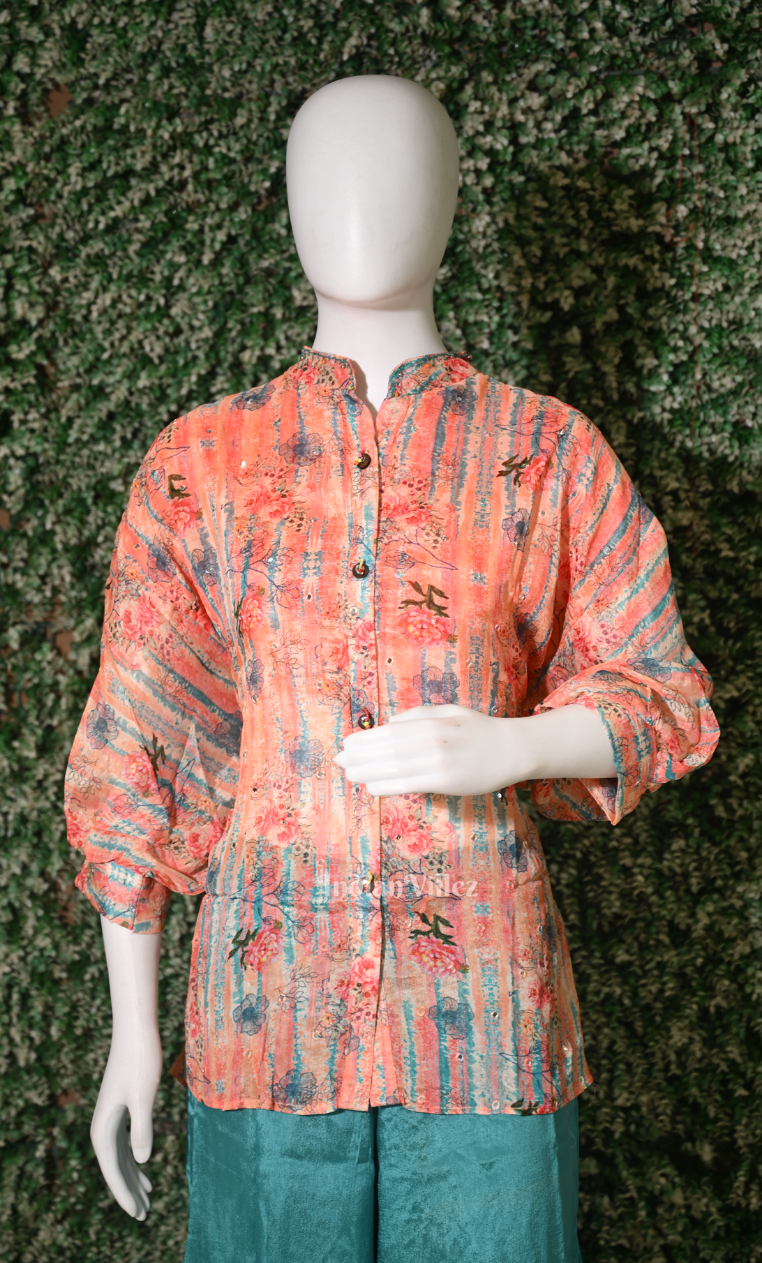 Designer Light Orange Blue Floral Printed Kurta Set with Palazzo-(Co-Ords Set)