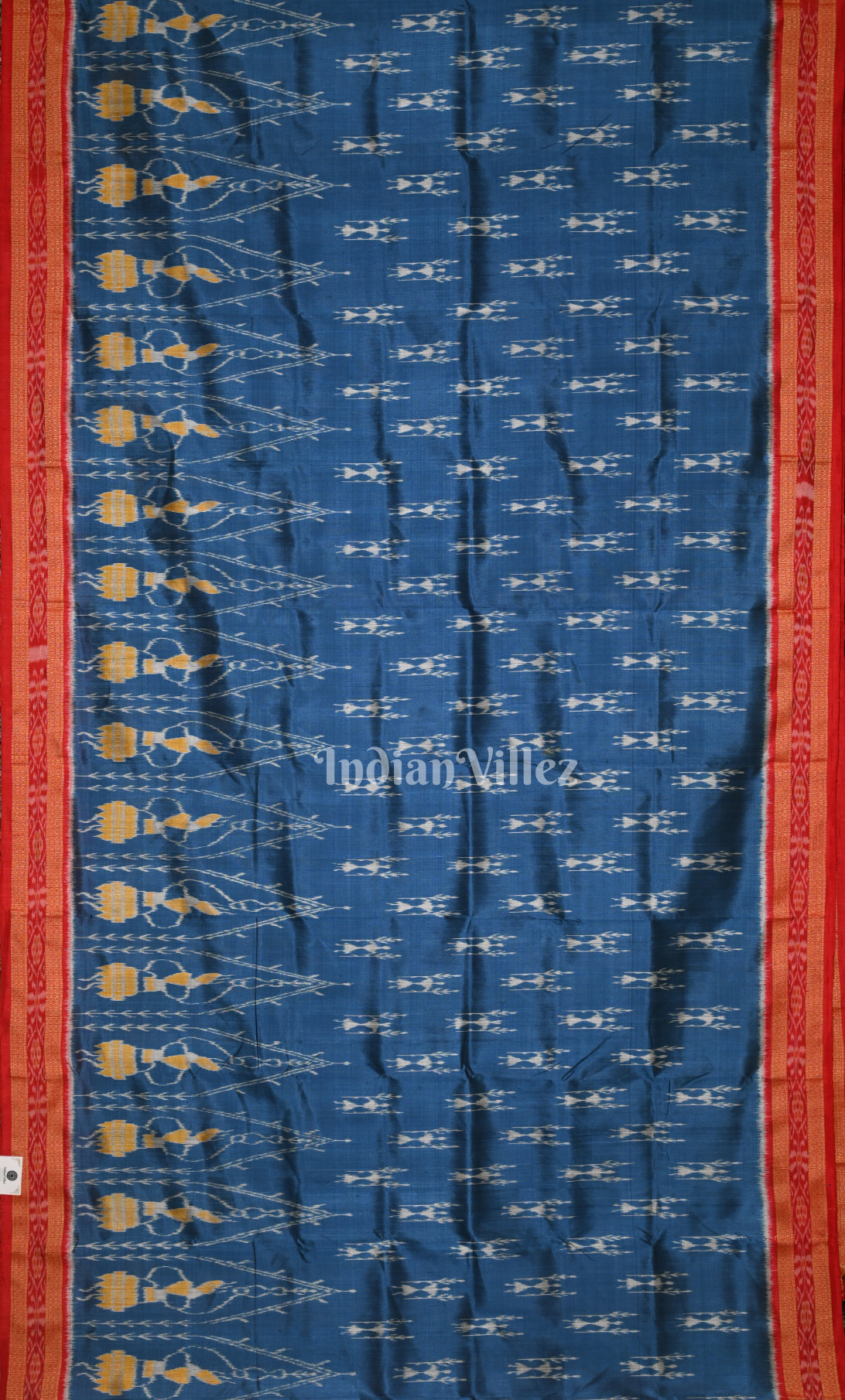 Cyan Blue Red Doll Tribal Motif Odisha Ikat Khandua Silk Sare