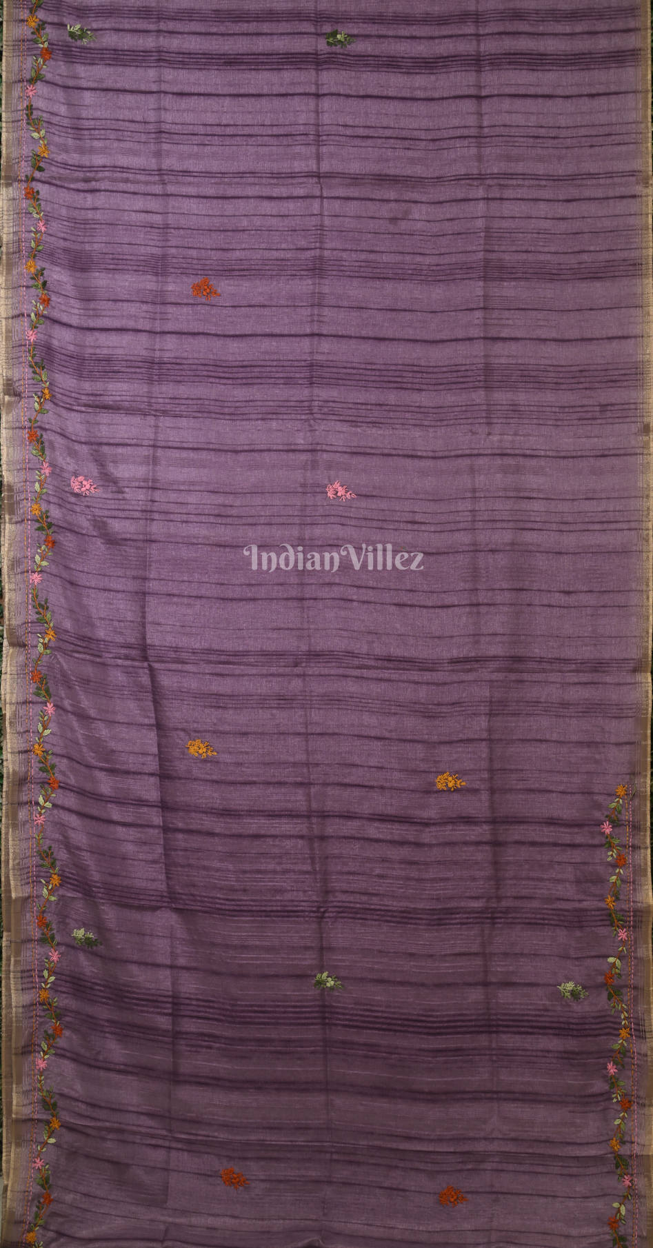 Purple Tusasr Silk Saree with Floral Embroidery Work 