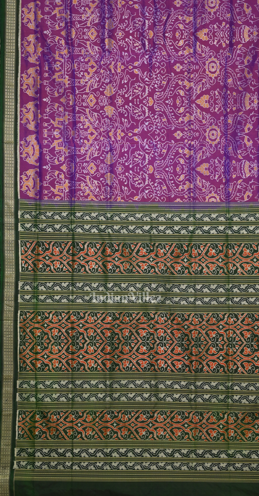 Purple Green Animal & Tree Odisha Ikat Sambalpuri Silk Saree