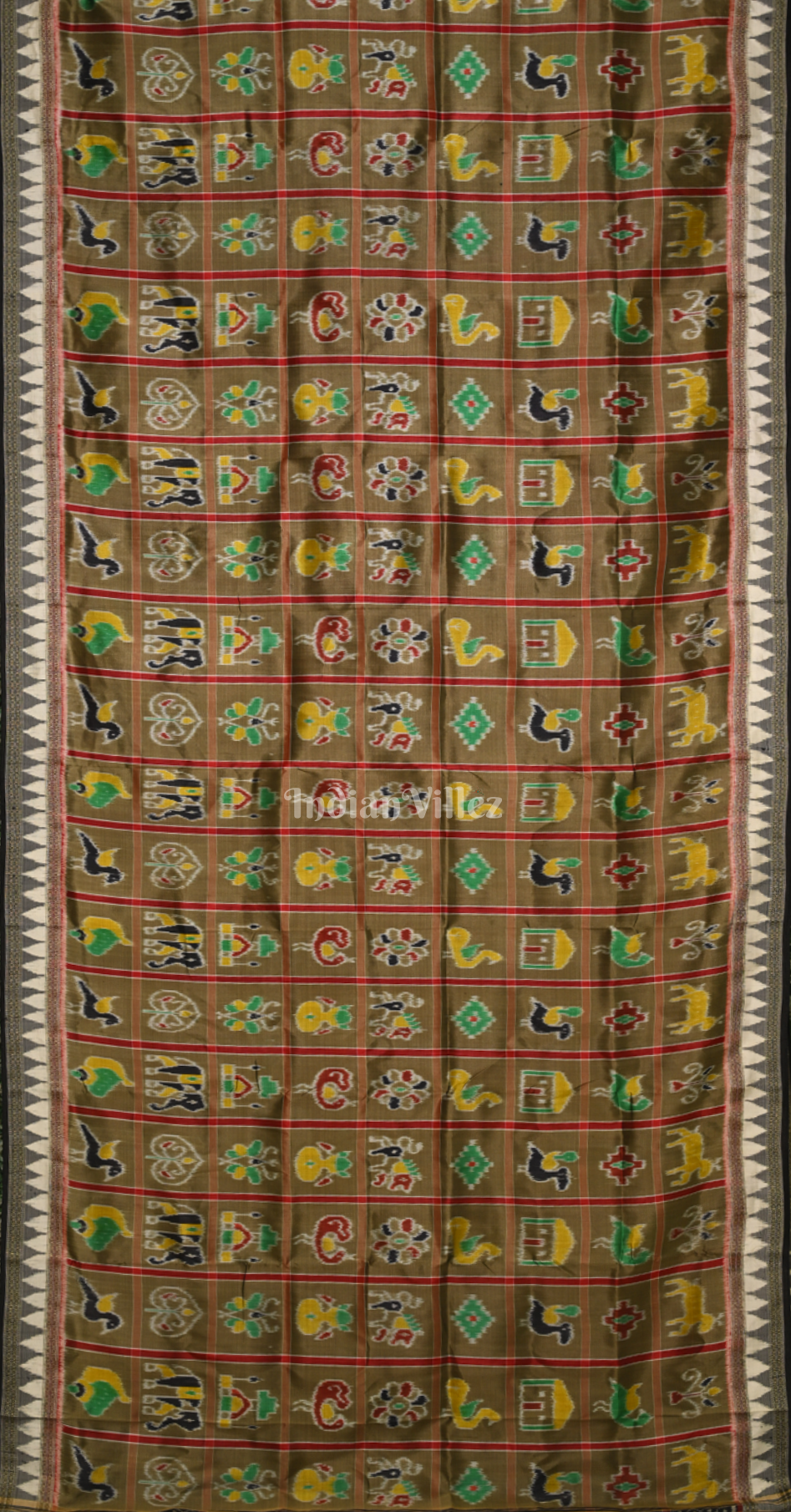 Moss Green Black Nabakothi Khandua Silk Saree with Elephant Motif Anchal