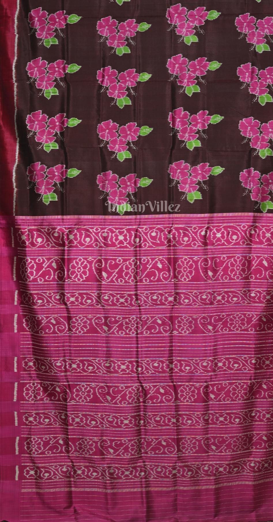  Coffee Magenta Pink Mandar Flower Motif Contemporary Designer Silk Saree