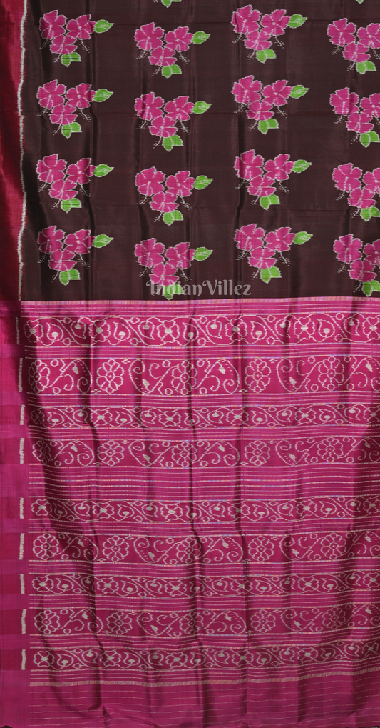  Coffee Magenta Pink Mandar Flower Motif Contemporary Designer Silk Saree