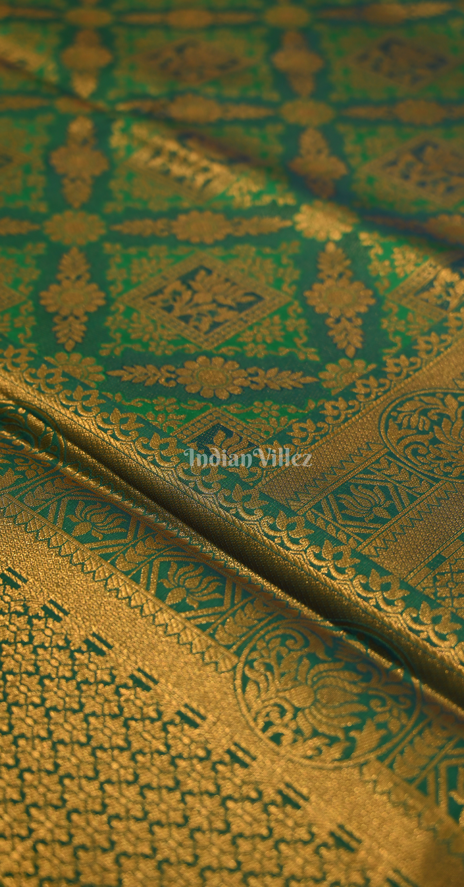 Green Golden Floral Kanjivaram Silk Saree with Brocade Work 