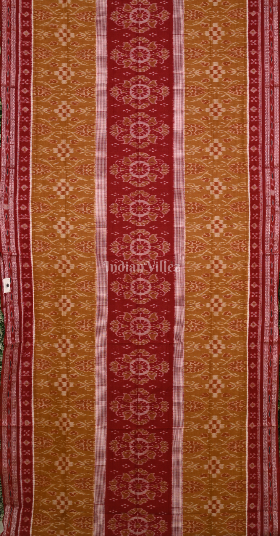 Mustard Yellow Maroon Flower Pasapali  Odisha Ikat Sambalpuri Cotton Saree 