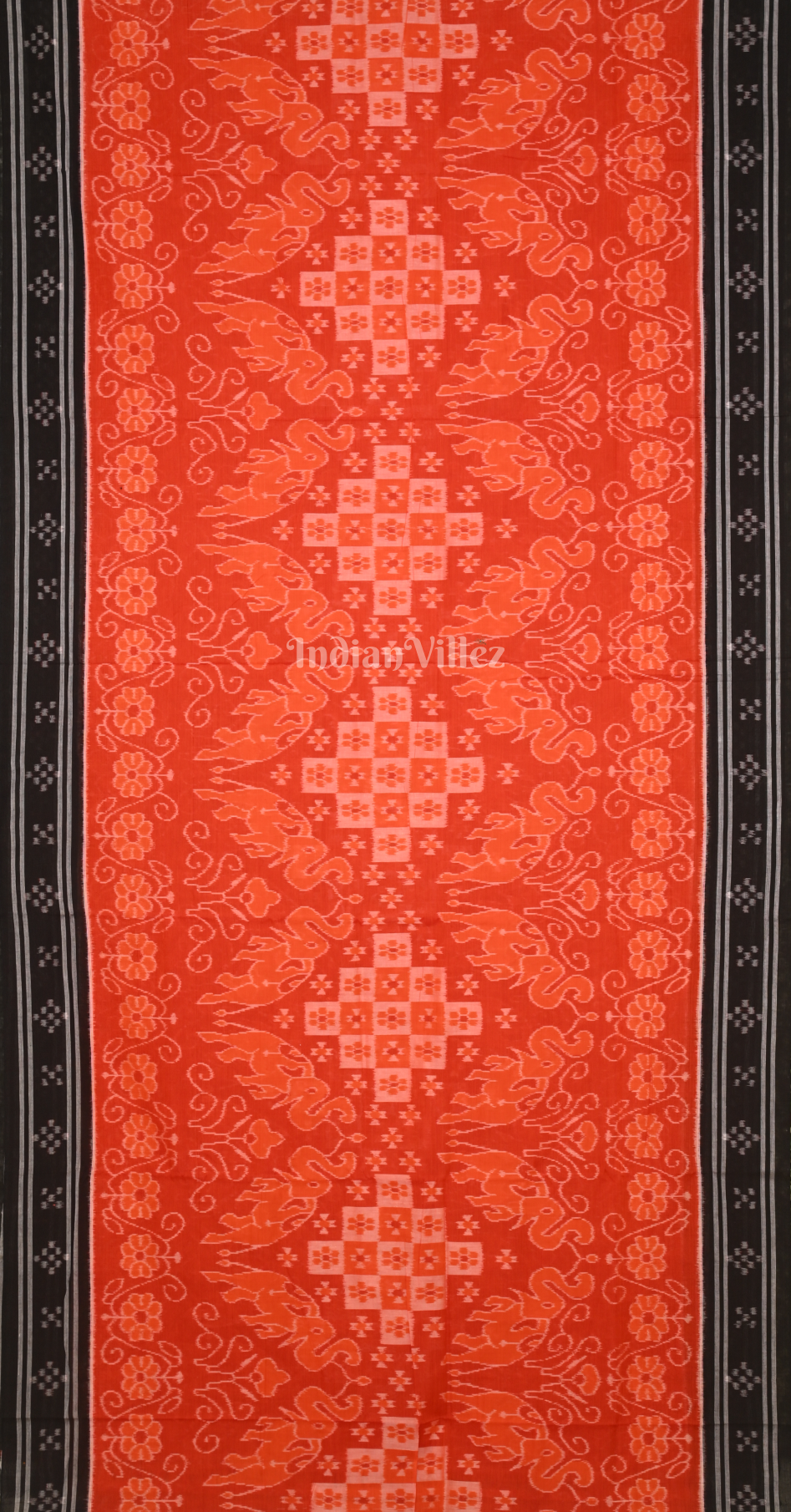 Orange Black  Pasapali Odisha Ikat Sambalpuri Pure Cotton Saree with Jungle Anchal