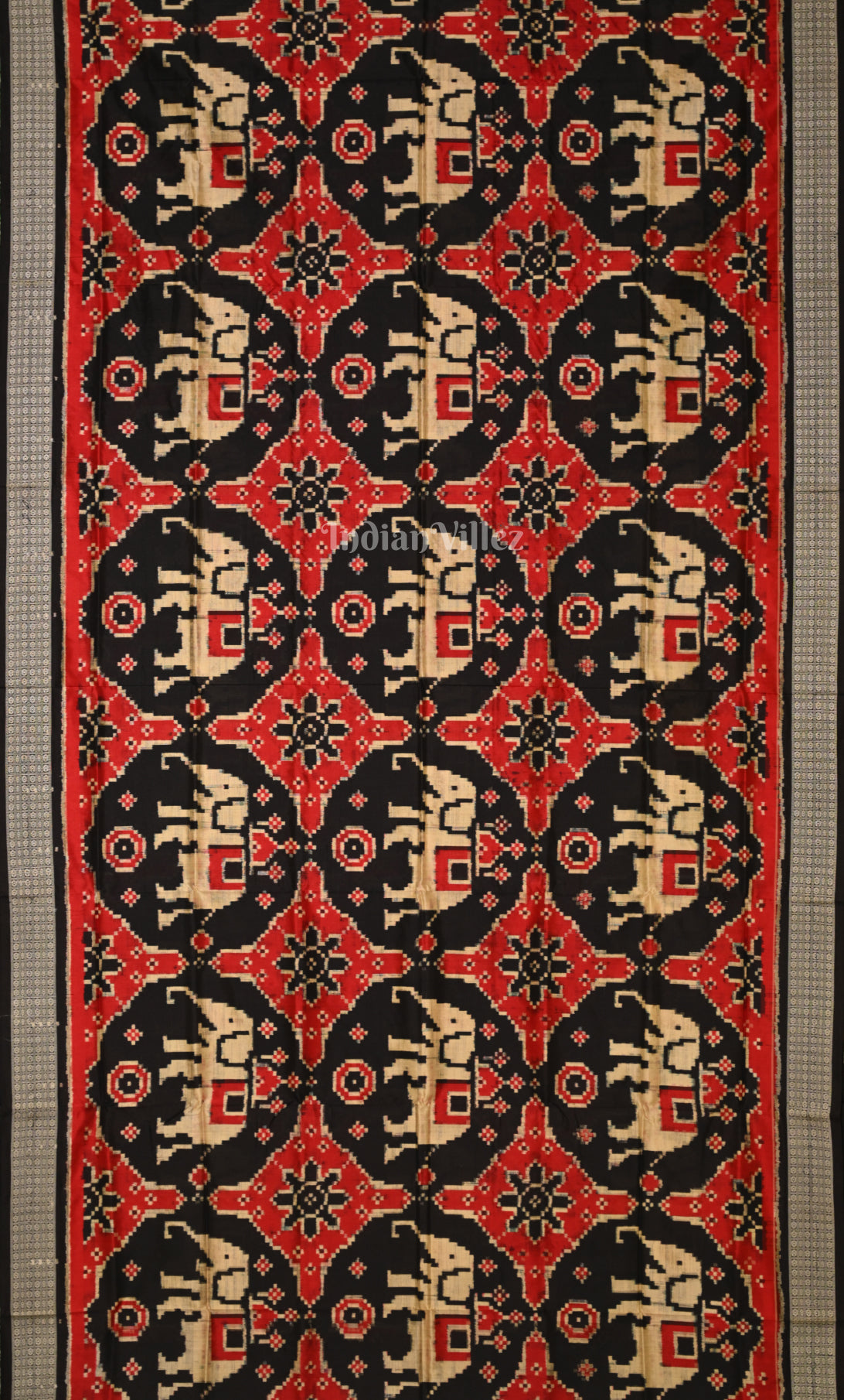 Black Red Elephant Motif Odisha Ikat Sambalpuri Silk Sareee 