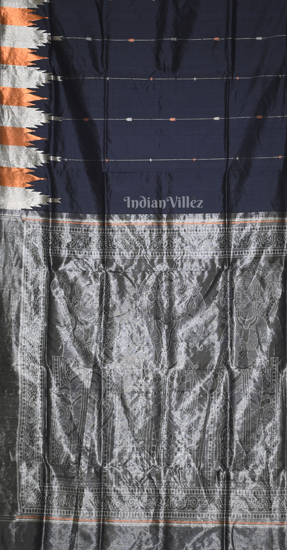 Navy Blue Silver Half Tissue Sambalpuri Silk Saree with Nartaki Anchal