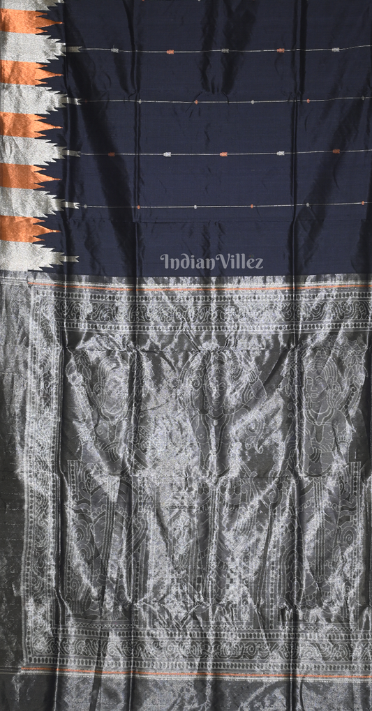 Navy Blue Silver Half Tissue Sambalpuri Silk Saree with Nartaki Anchal