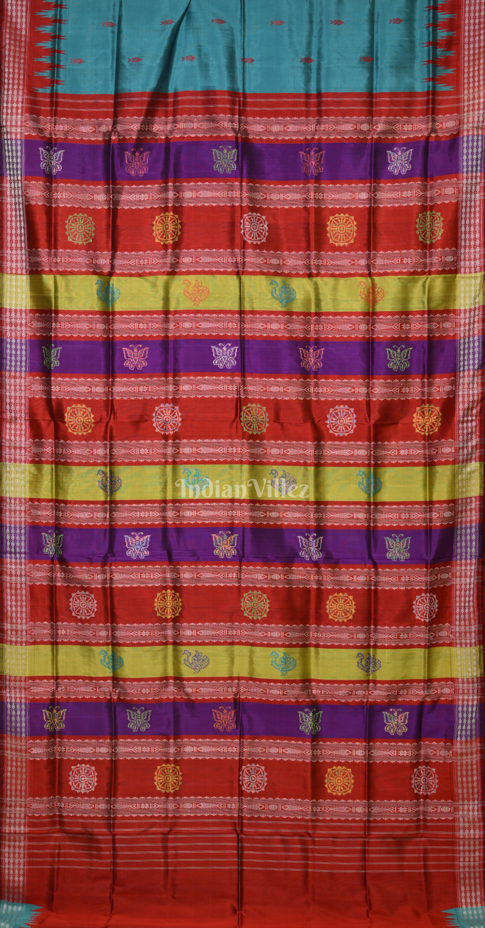 Turquoise Blue Red Fish Motif Double Pallu Berhampuri Silk Saree