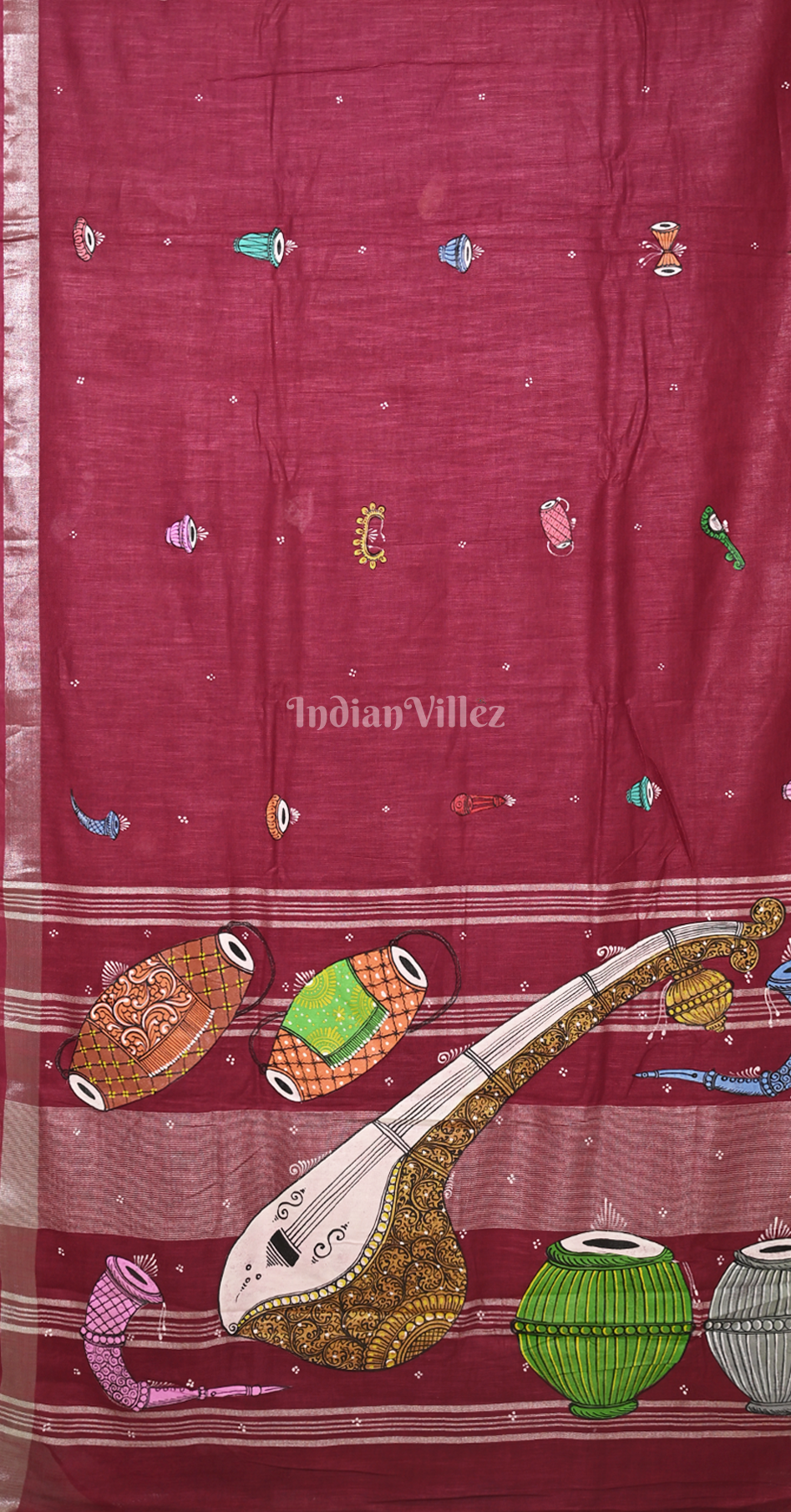 Maroon Musical Theme Hand-Painted Pattachitra Saree