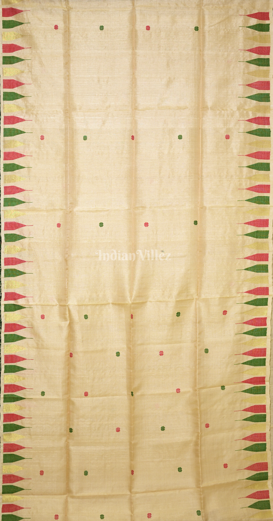 Beige with Green Pink Buti Design Tussar Silk Jamdani Saree 