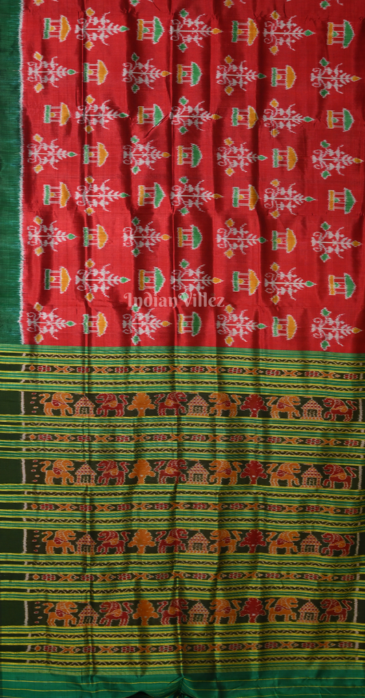 Red Green Tribal Motif Contemporary Designer Silk Saree