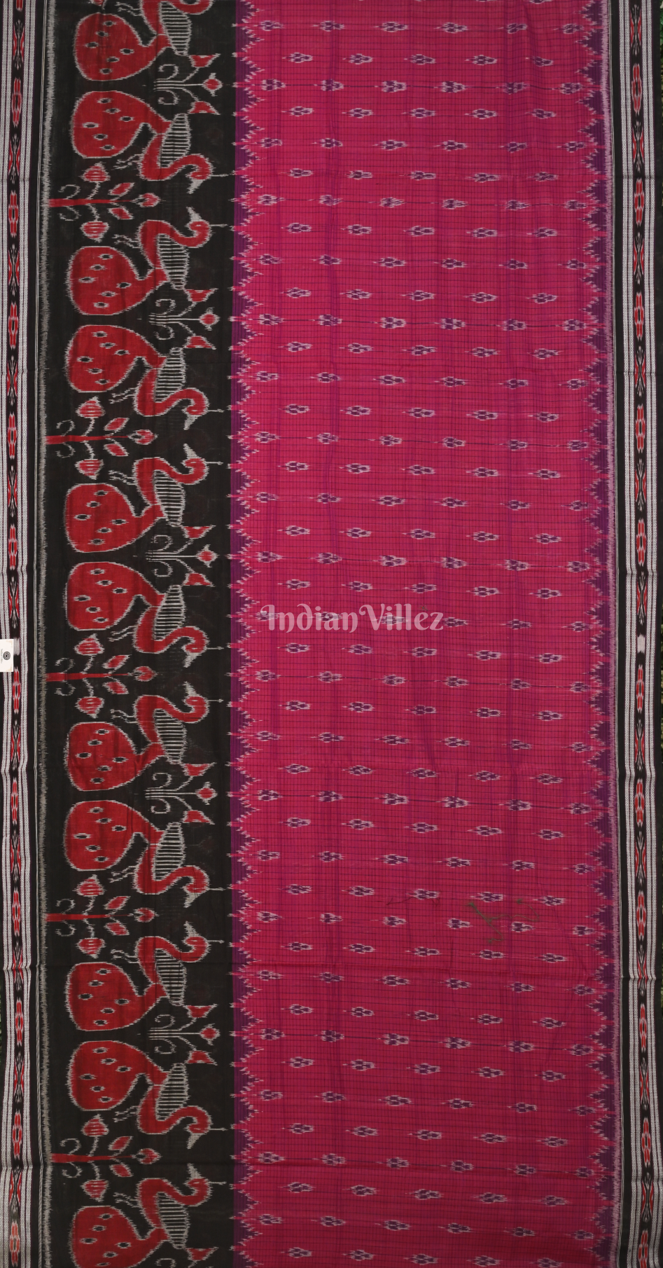 Rani Pink Black Peacock Scott Odisha Ikat Sambalpuri Cotton Saree 