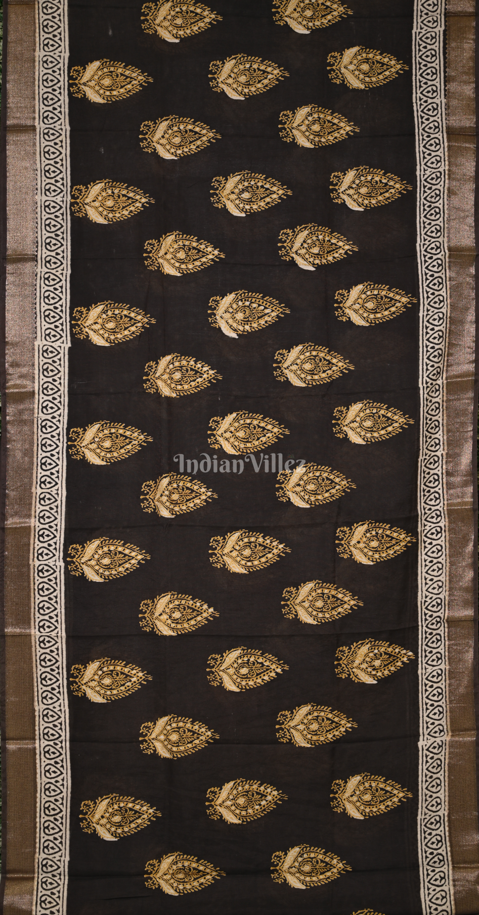 Black Yellow Block Printed Dabu Cotton Saree