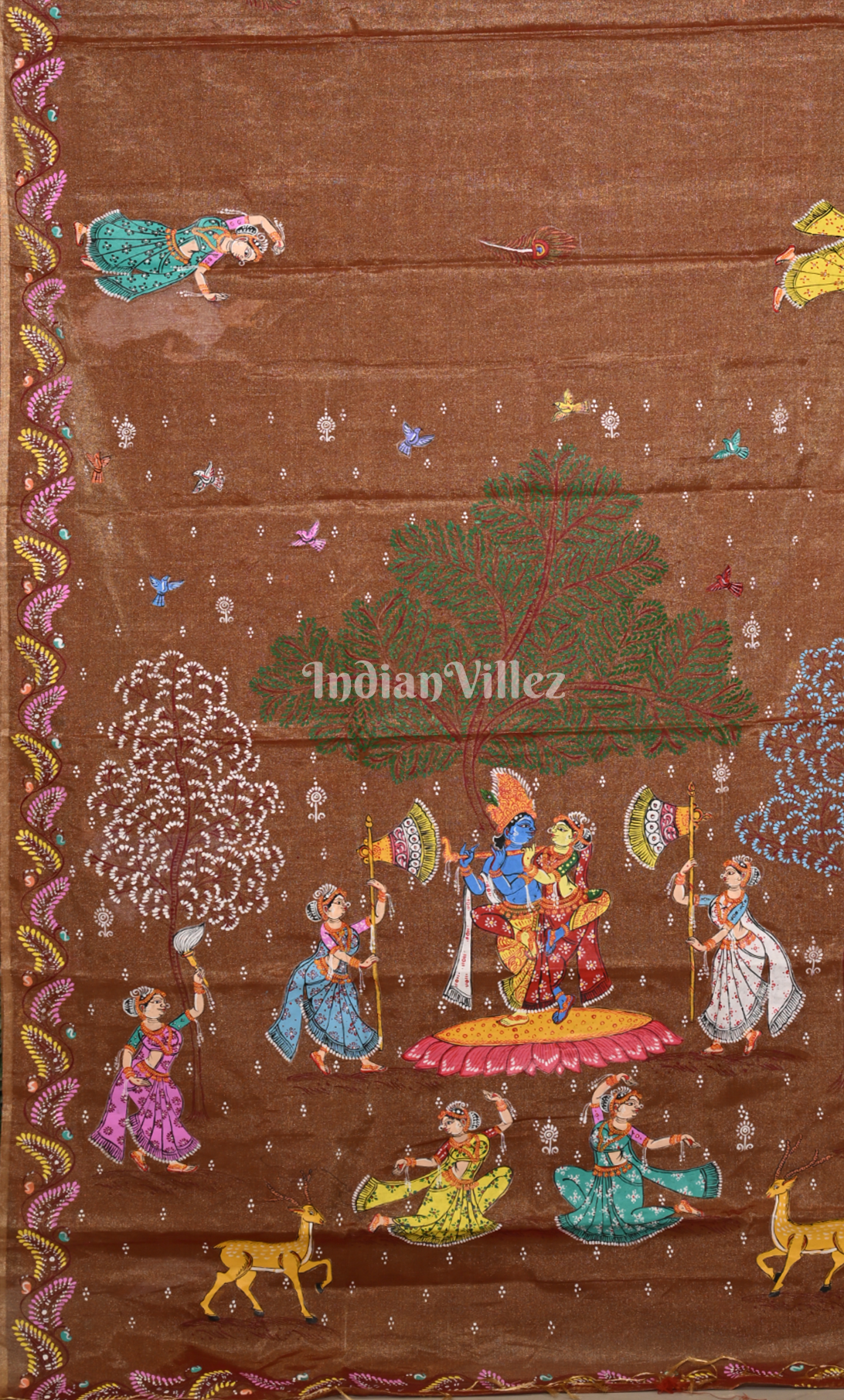 Rust Orange Dual Tone Krishna Raas Leela Hand- Painted Pattachitra Saree (Tissue)