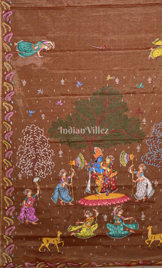Rust Orange Dual Tone Krishna Raas Leela Hand- Painted Pattachitra Saree (Tissue)