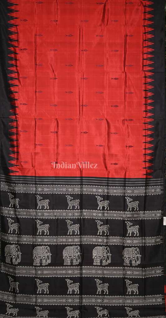 Red Black Fish Motif Double Pallu Berhampuri Silk Saree 