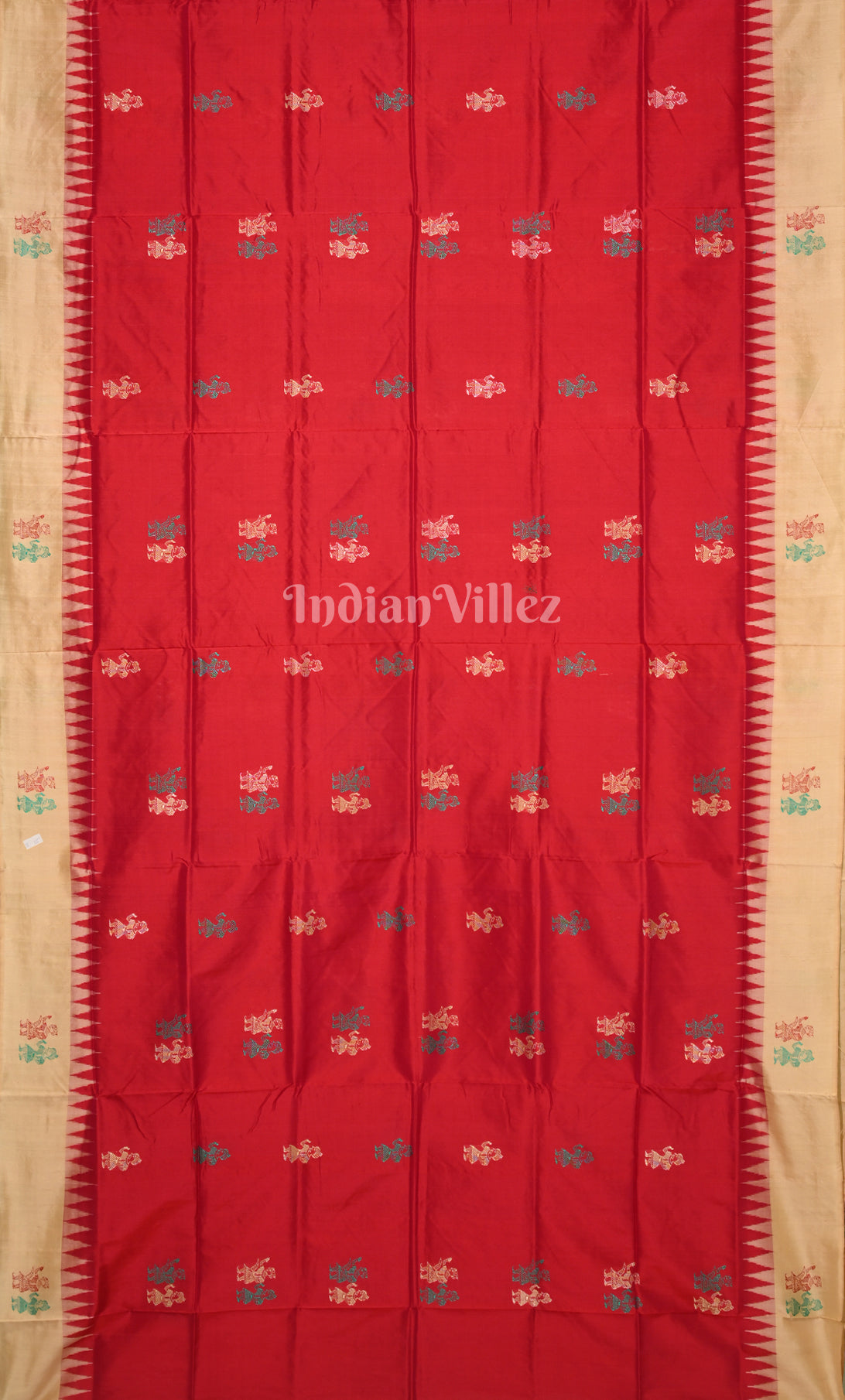 Red Beige Tribal Doli Sawari Odisha Ikat Bomkai Sambalpuri Silk Saree