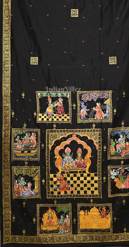 Black Ramayan Theme Hand-Painted Pattachitra Saree