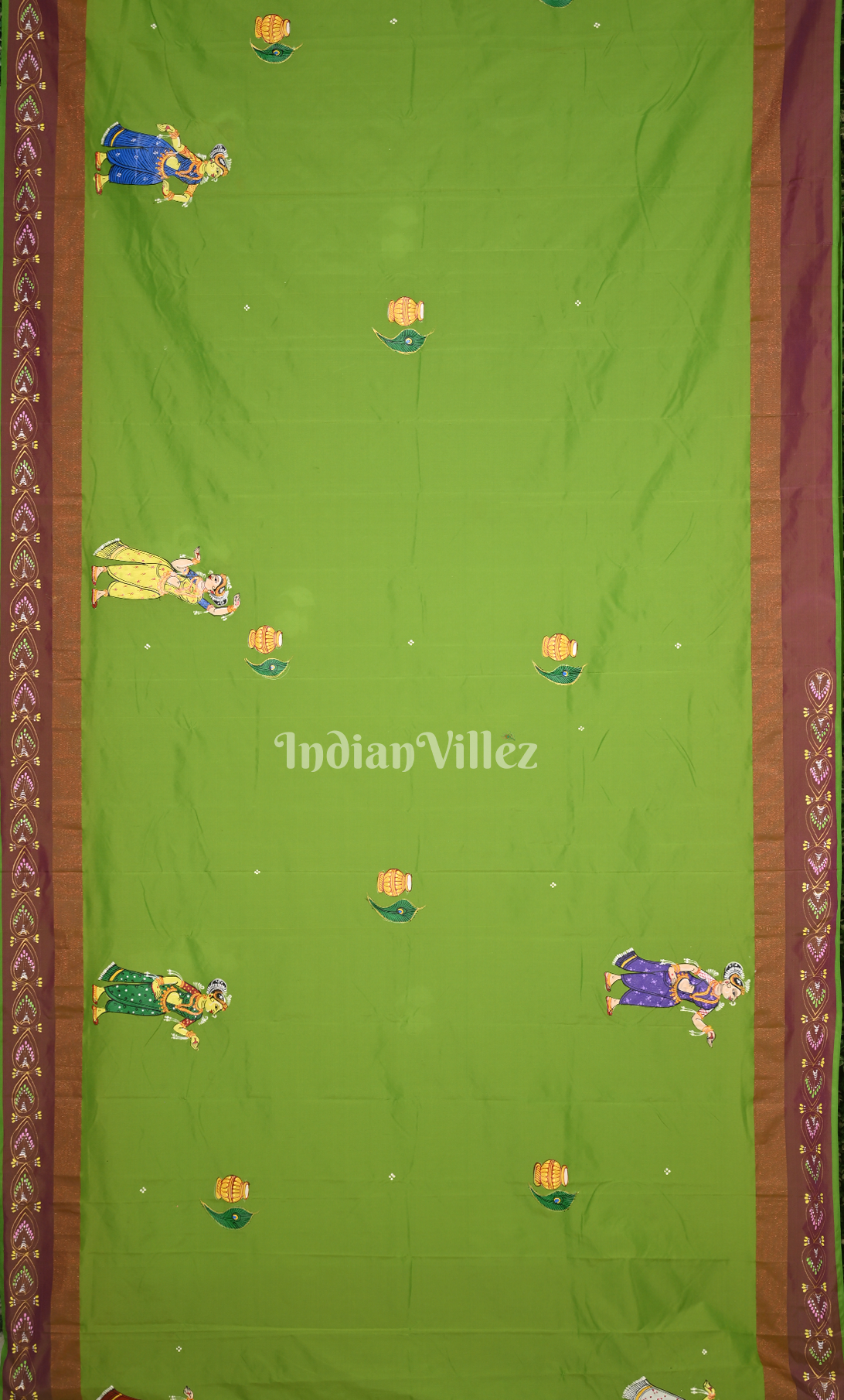 Parrot Green Krishna Raasleela Hand-Painted Pattachitra Saree