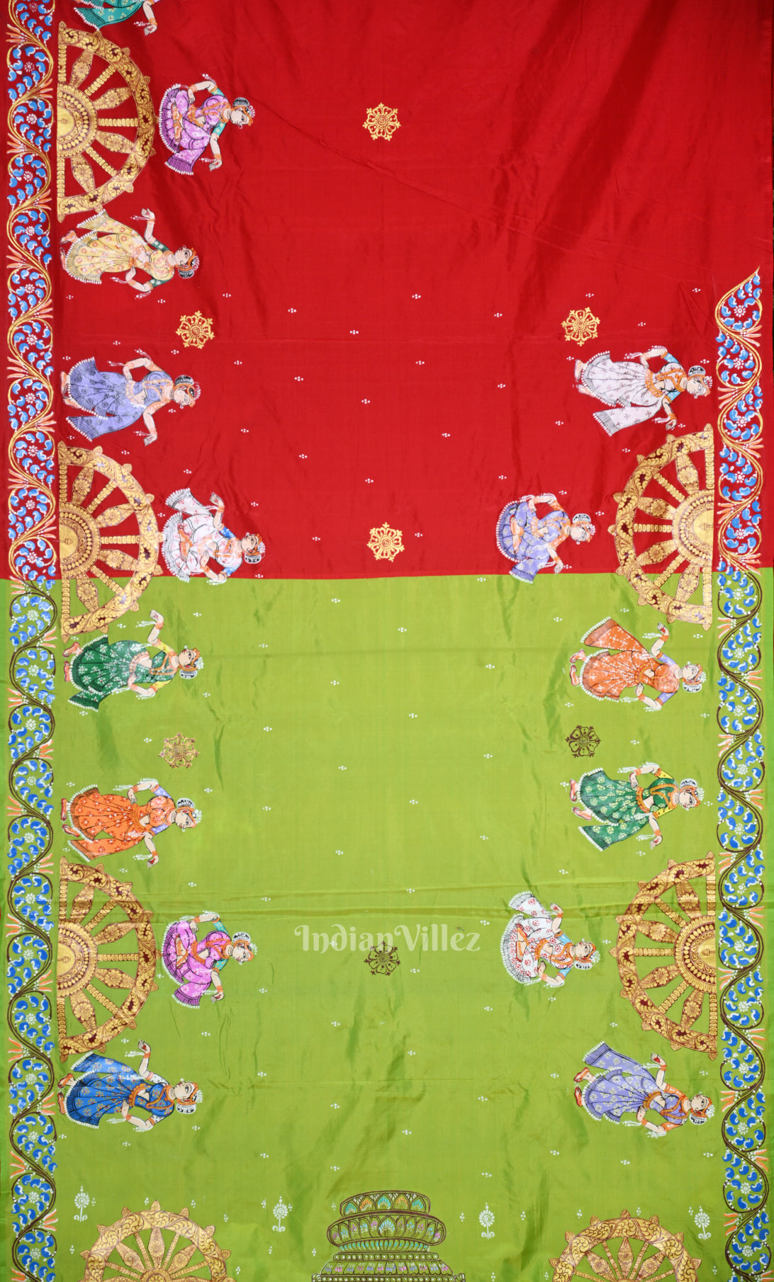 Red Green Nartaki Konark Temple Hand-Painted Pattachitra Saree