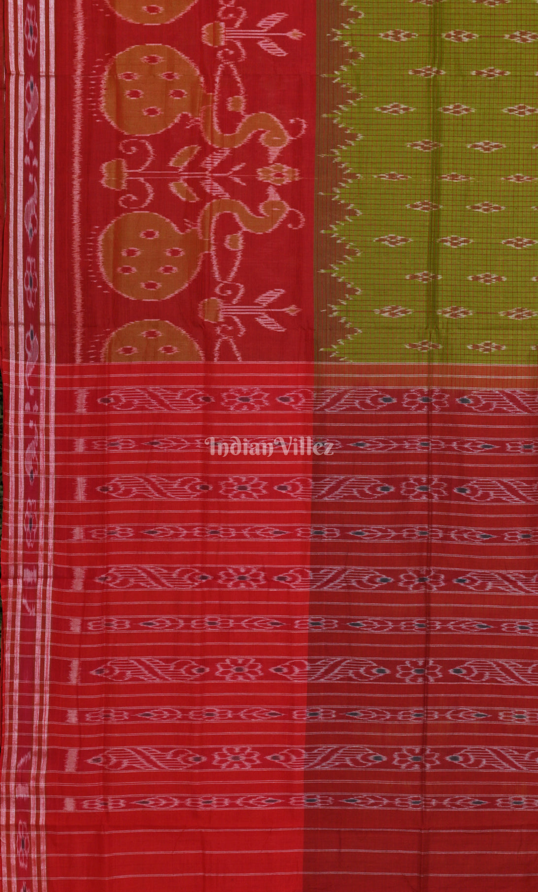Mehendi Green Red Odisha Ikat Maniabandha Cotton Saree 