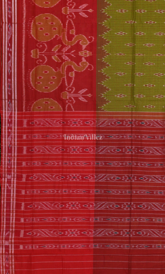 Mehendi Green Red Odisha Ikat Maniabandha Cotton Saree 